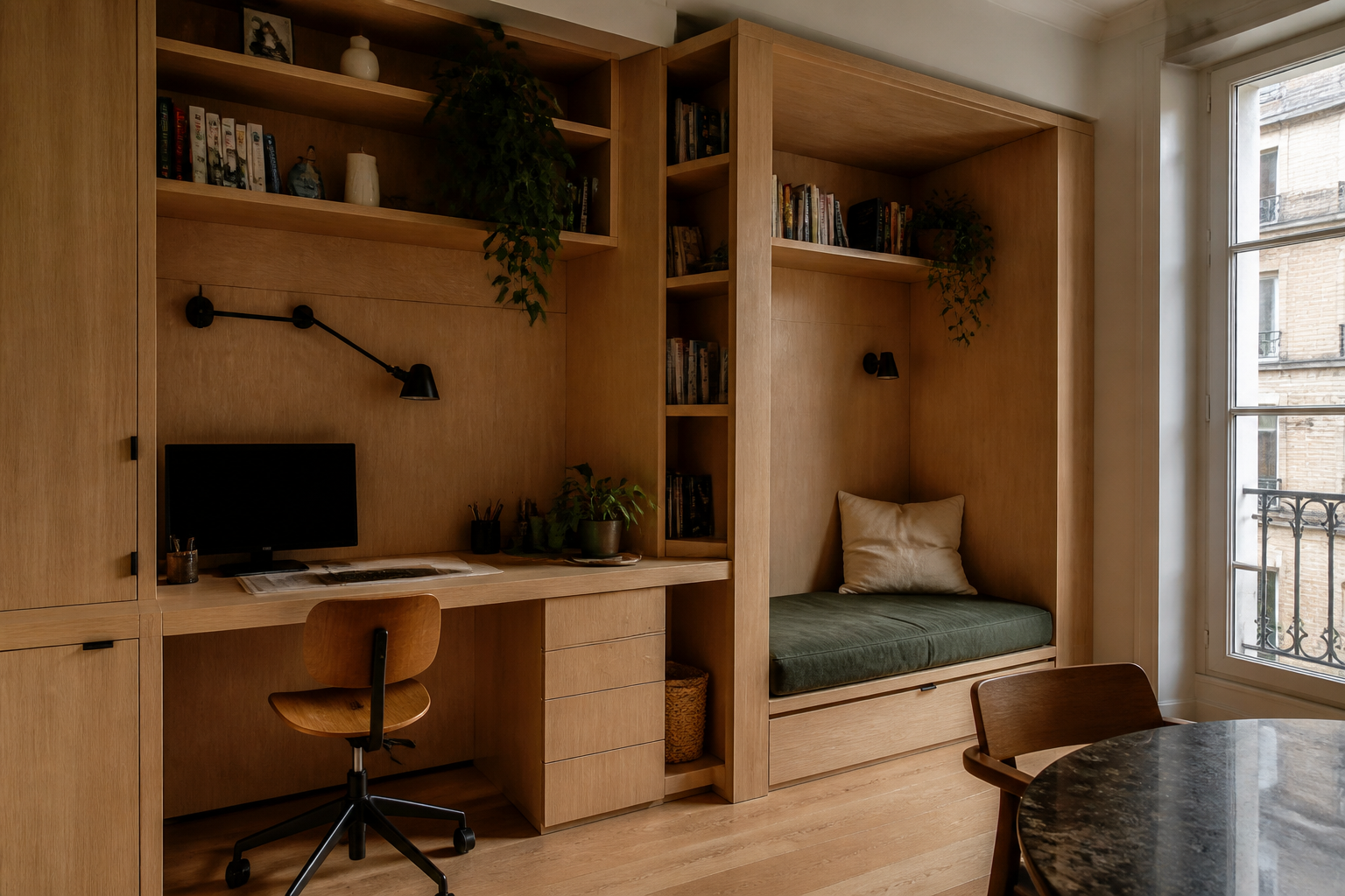 Bureau et alcôve de lecture en menuiserie