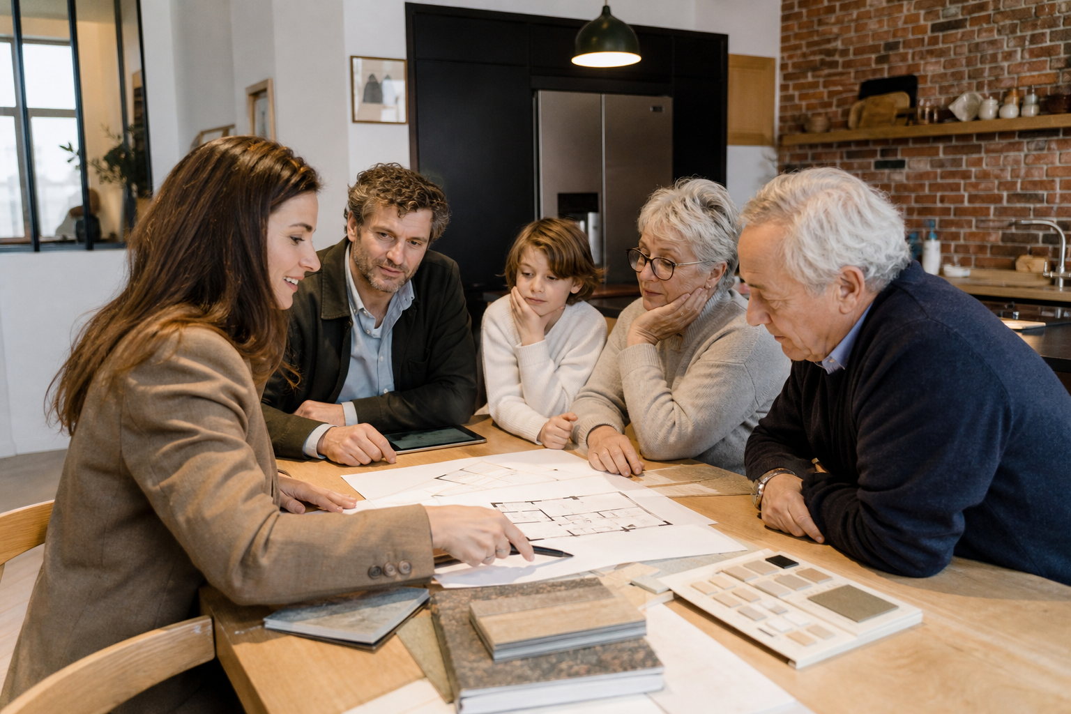 Architecte échangeant avec une famille autour des plans